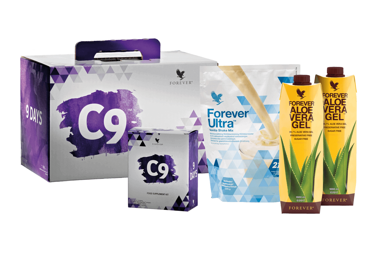 Pachet Clean 9 Forever Living — cutie violet 9 Days, supliment alimentar C9, Forever Ultra Vanilie Shake Mix și două sticle de Aloe Vera Gel